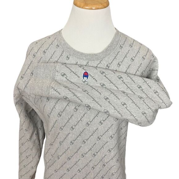 Champion Reverse Weave Gray AOP Spell Out Crewneck Sweatshirt S - Picture 2 of 6
